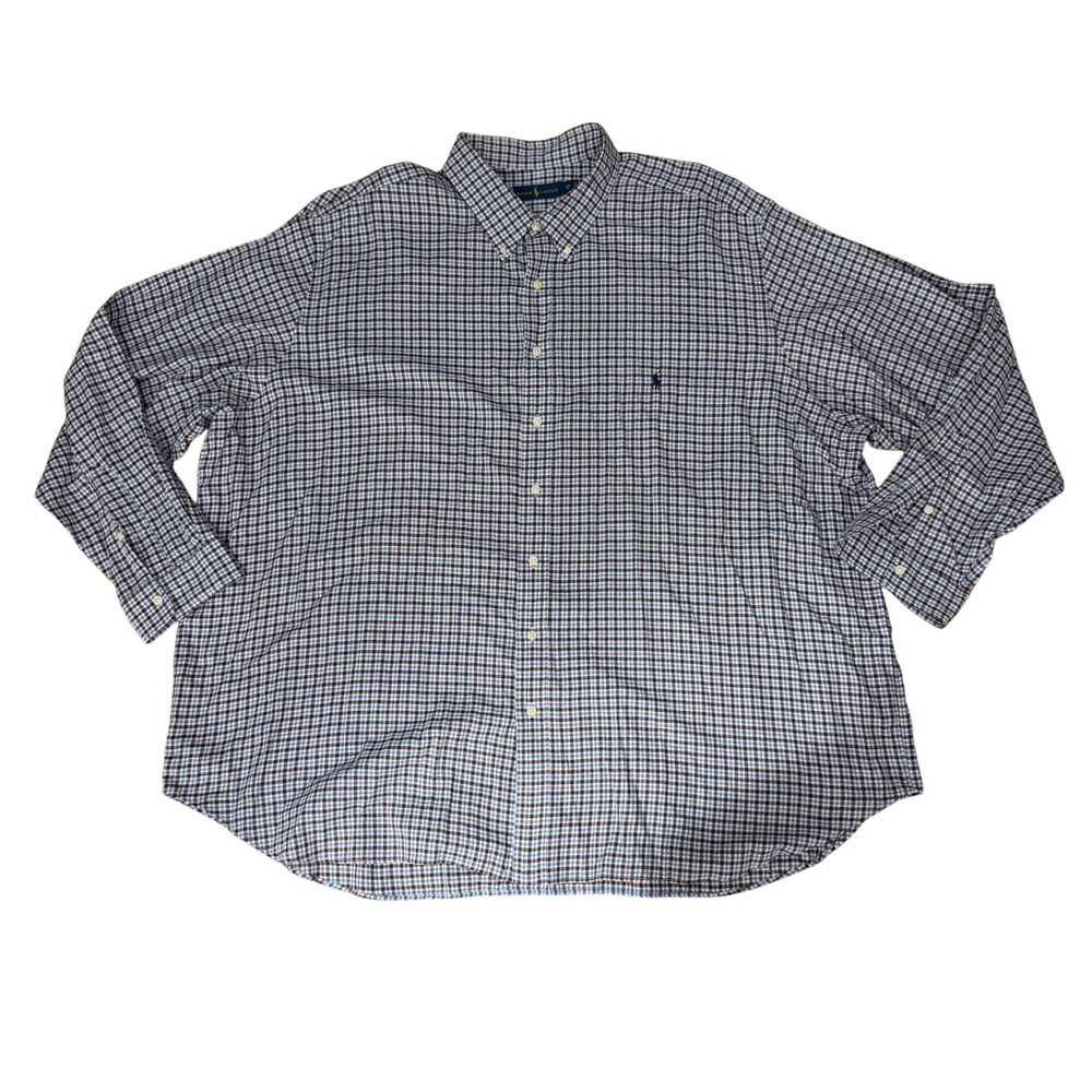 Ralph Lauren Button Down Shirt Mens 4XB Gingham Plaid Brown Blue Casual Preppy